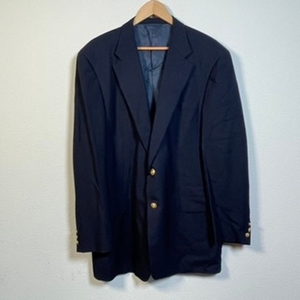 Hickey Freeman Blazer Mens 44L Navy Blue Wool Canterbury Gold Crest Buttons